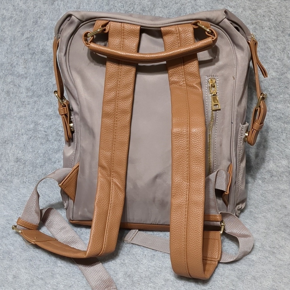 Tommy Bahama Lilac Nylon Campus Travel Laptop Backpack Tan Faux Leather NWOT - Picture 2 of 10